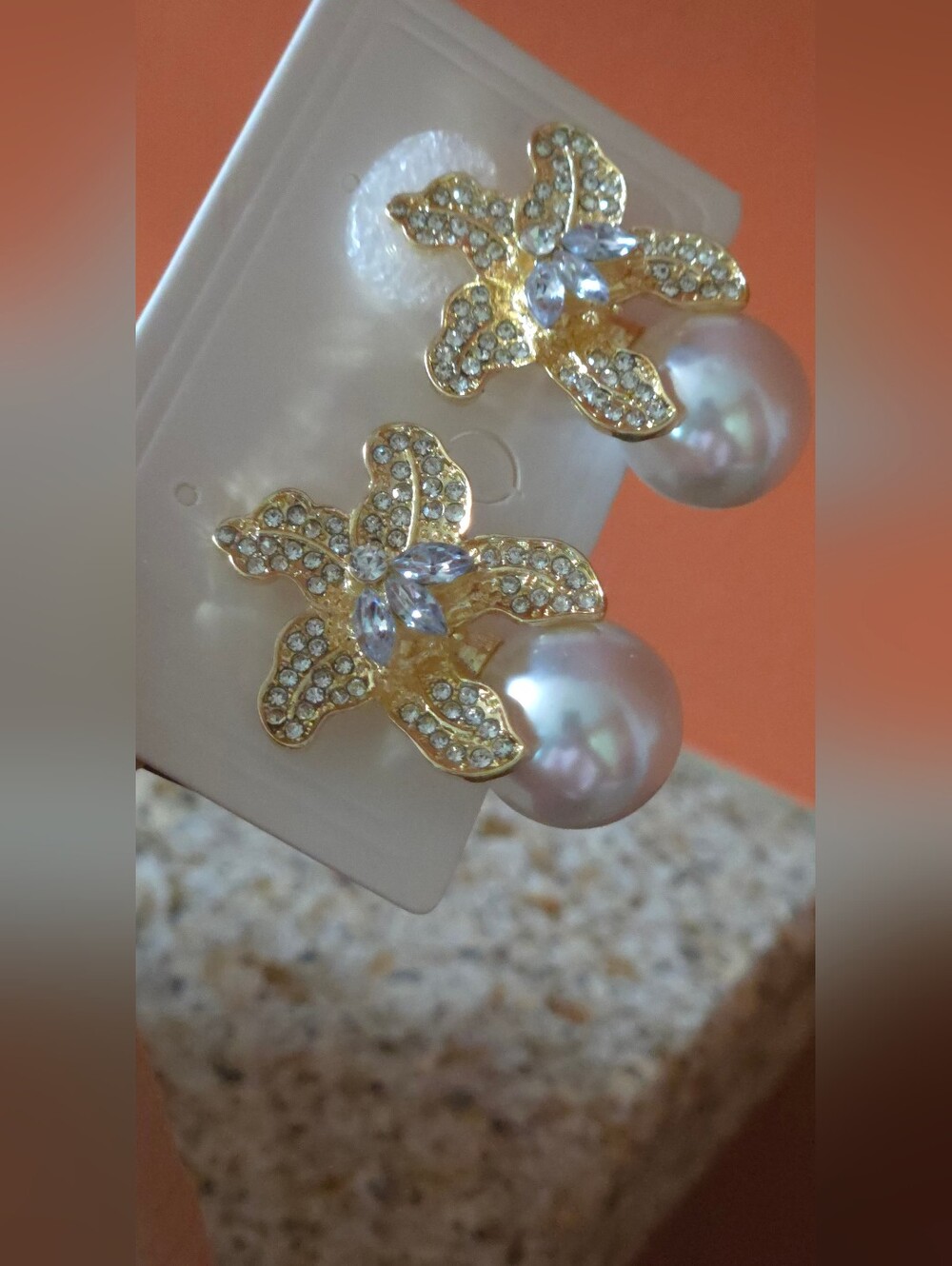 Gold Flower Pearl Drop Earrings with Clear Crystals Like Rhinestone - Picture 8 of 16